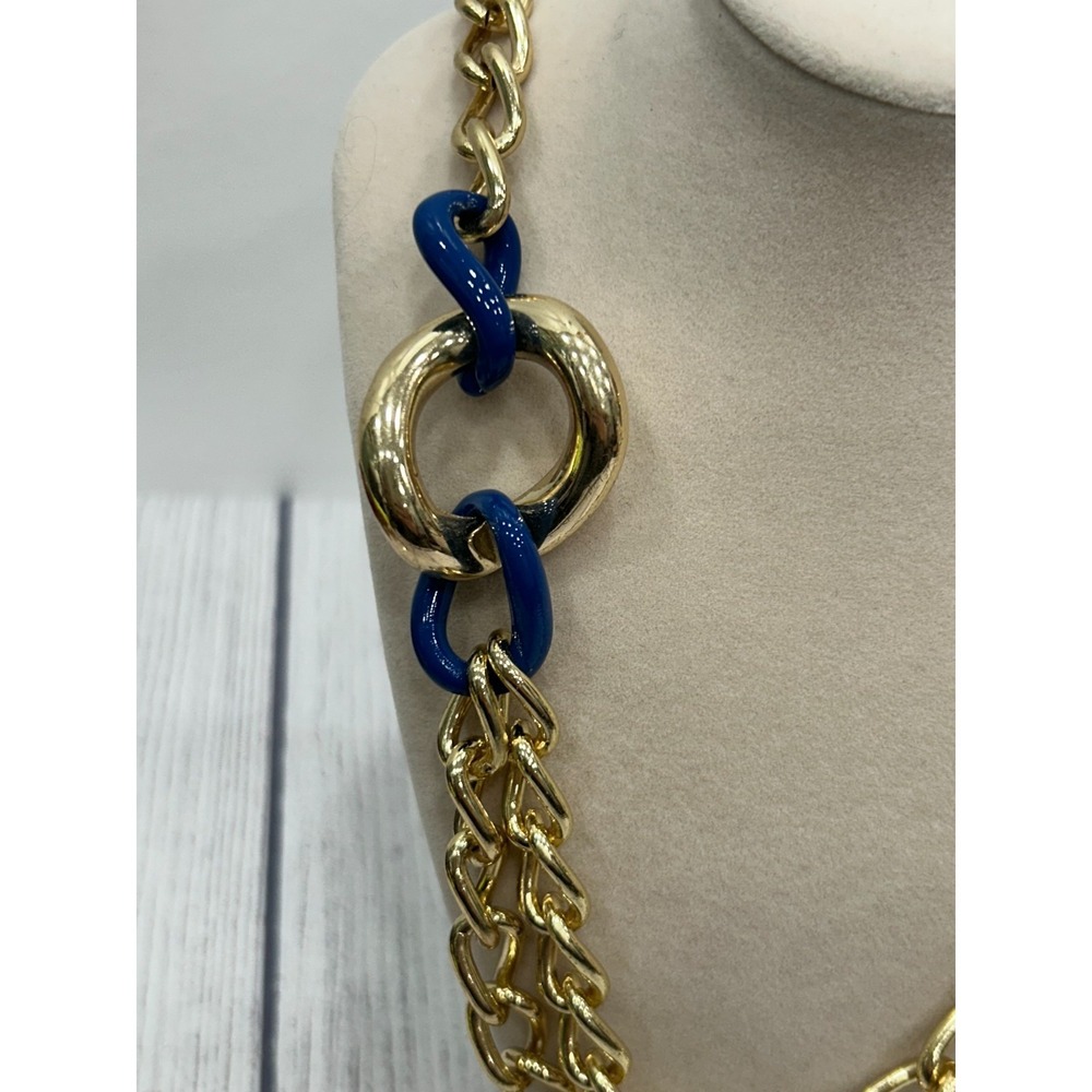NWT Anne Klein Blue & Gold Tone Chunky Curb Chain Statement Necklace 24"‎ - Picture 4 of 8